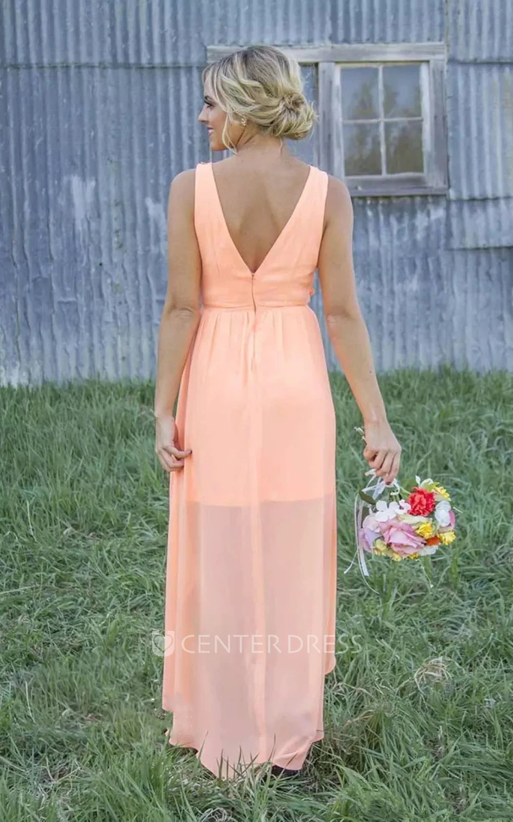 Sleeveless A-line Jewel High-low Chiffon Bridesmaid Dress with Appliques and Ruching