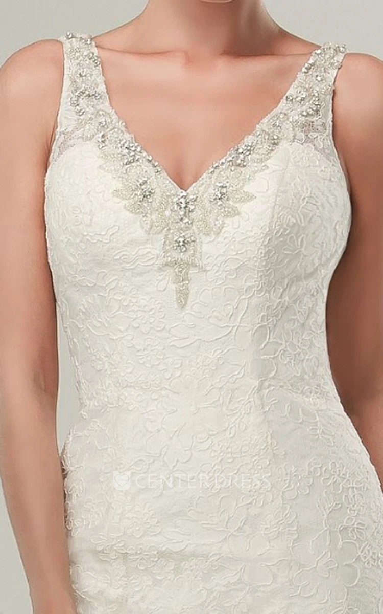 Mermaid Sleeveless V-Neck Appliqued Maxi Lace Wedding Dress With Beading