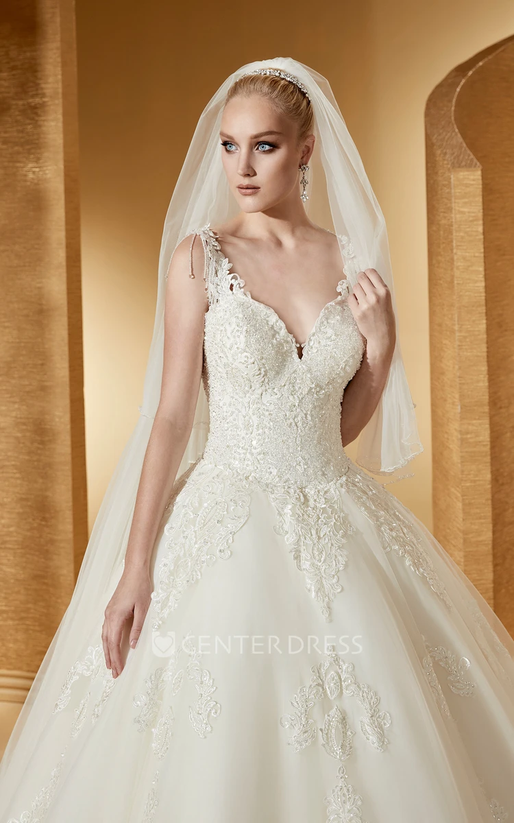 Cap Sleeve V-Neck Ball Gown With Lace Bodice And Embroideries