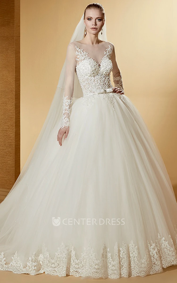 Fabulous Long-Sleeve Ball Gown With Jewel Neck And Court Train