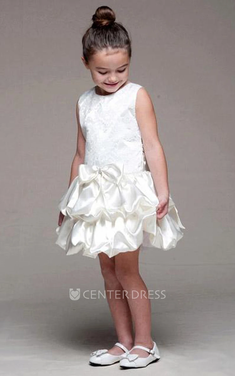 Midi Tiered Bowed Lace&Satin Flower Girl Dress With Ribbon