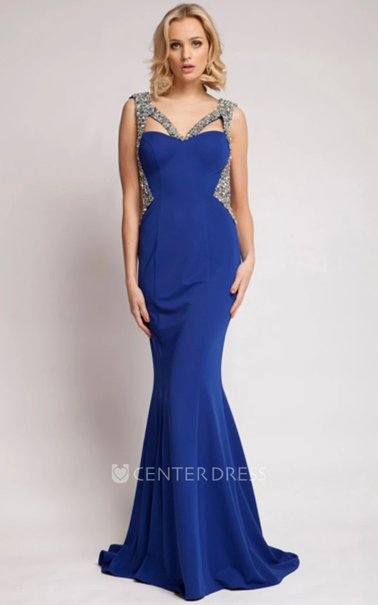 Mermaid Sleeveless Beaded V-Neck Floor-Length Jersey Prom Dress With Backless Style And Sweep Train