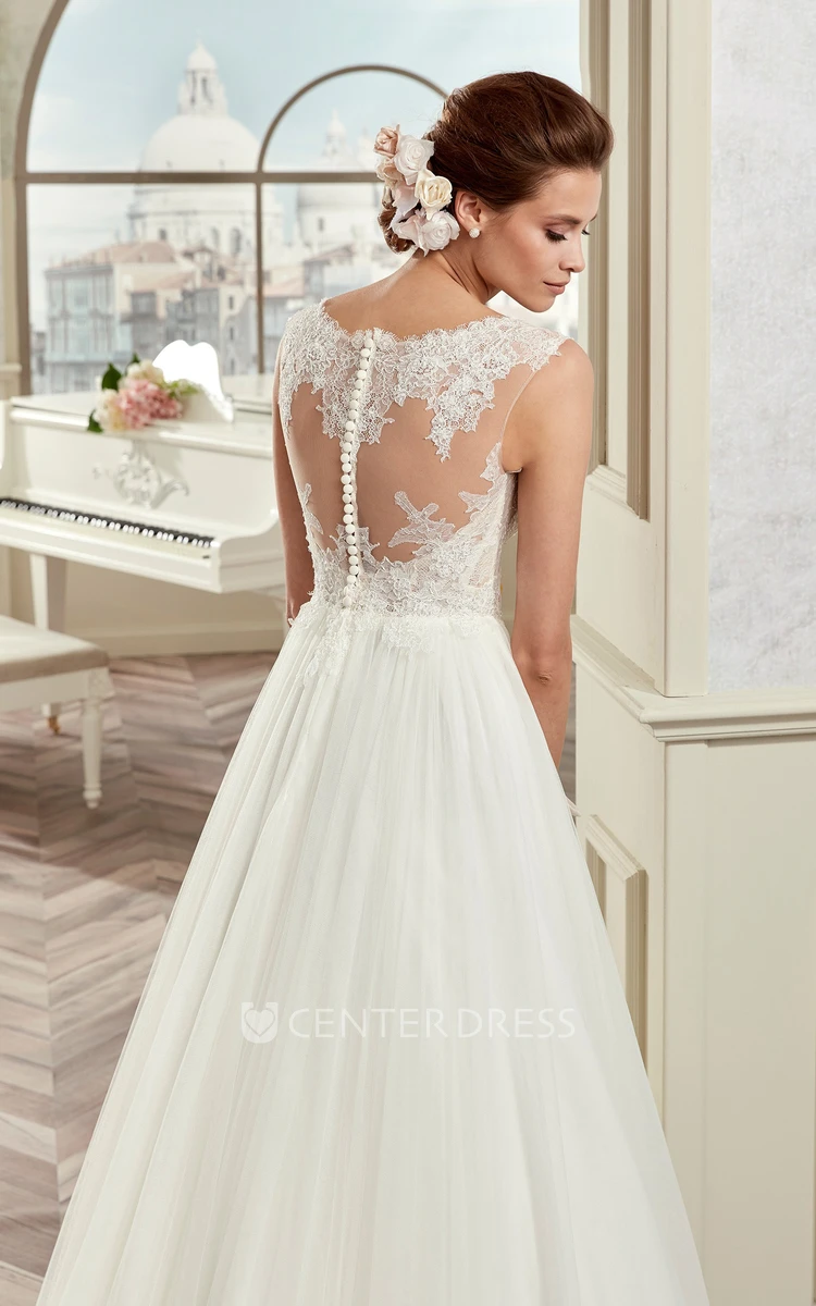 Jewel-Neck Draping Bridal Gown With Illusive Design And Cap Sleeves
