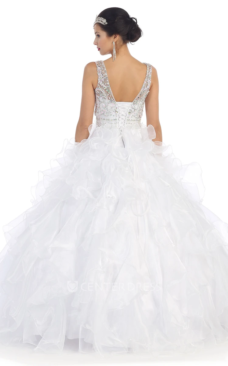 Ball Gown Scoop-Neck Sleeveless Organza Corset Back Dress With Beading And Ruffles