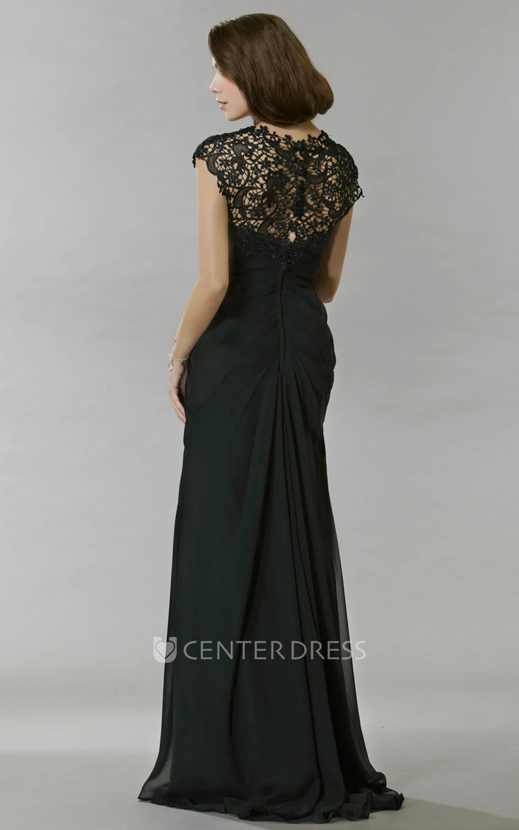 Sheath Long Lace Jewel Cap-Sleeve Chiffon Prom Dress With Beading And Draping