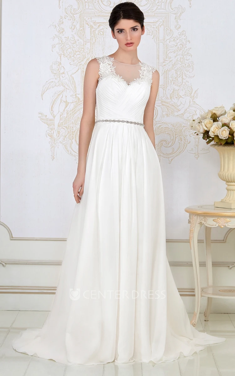 Sheath High-Neck Floor-Length Ruched Tulle&Satin Wedding Dress With Waist Jewellery And Appliques