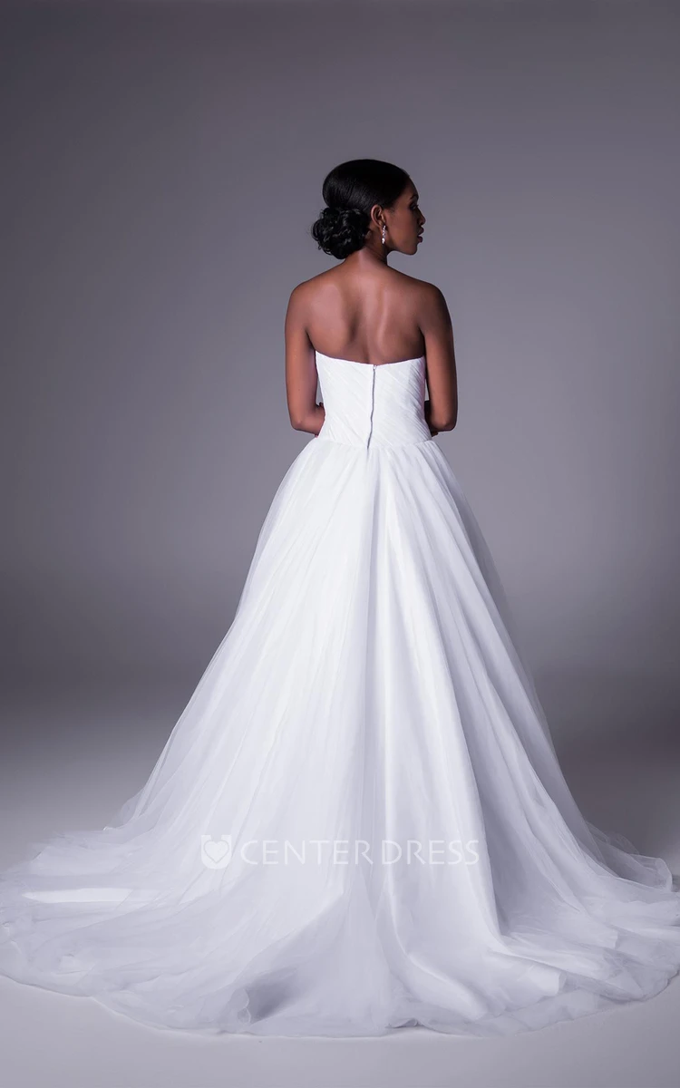 Ball Gown Strapless Tulle Wedding Dress With Ruching And Sweep Train