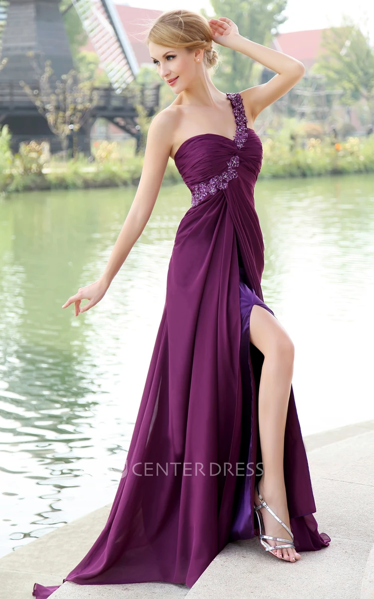Ethereal Chiffon One Shoulder Backless Chiffon Maxi Formal Dress With Floral Strap