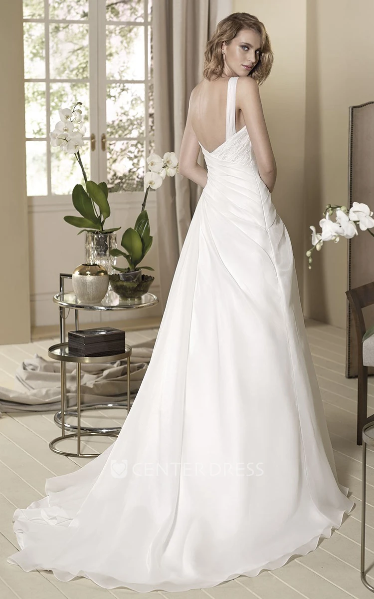 A-Line Floor-Length Sleeveless Strapped Beaded Wedding Dress With Side Draping