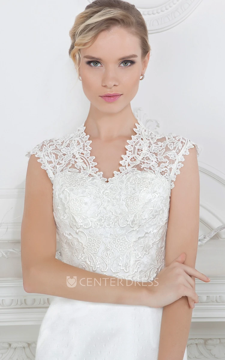 Sheath Long V-Neck Cap-Sleeve Appliqued Lace&Satin Wedding Dress