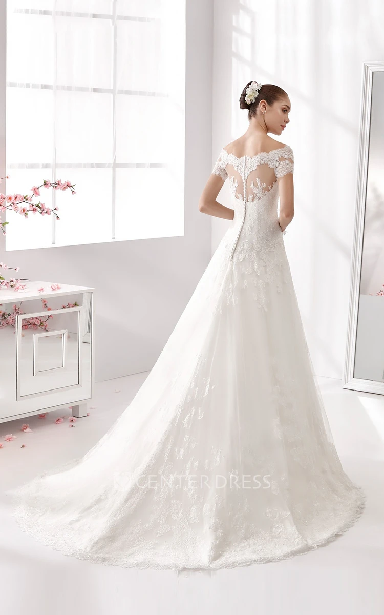 Off-shoulder A-line Wedding Dress with T-shirt Sleeves and Brush Train 