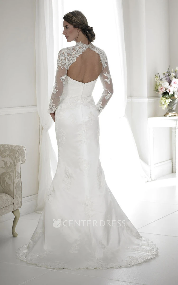 Sheath Sweetheart Long-Sleeve Appliqued Floor-Length Lace Wedding Dress With Beading