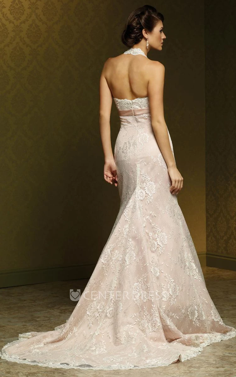 Sheath Floor-Length Appliqued V-Neck Sleeveless Lace Wedding Dress With Bow And Pleats