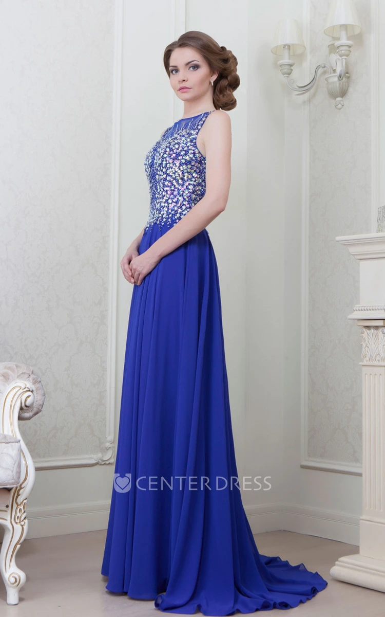 A-Line Sleeveless Long Crystal Bateau-Neck Chiffon Evening Dress With Pleats