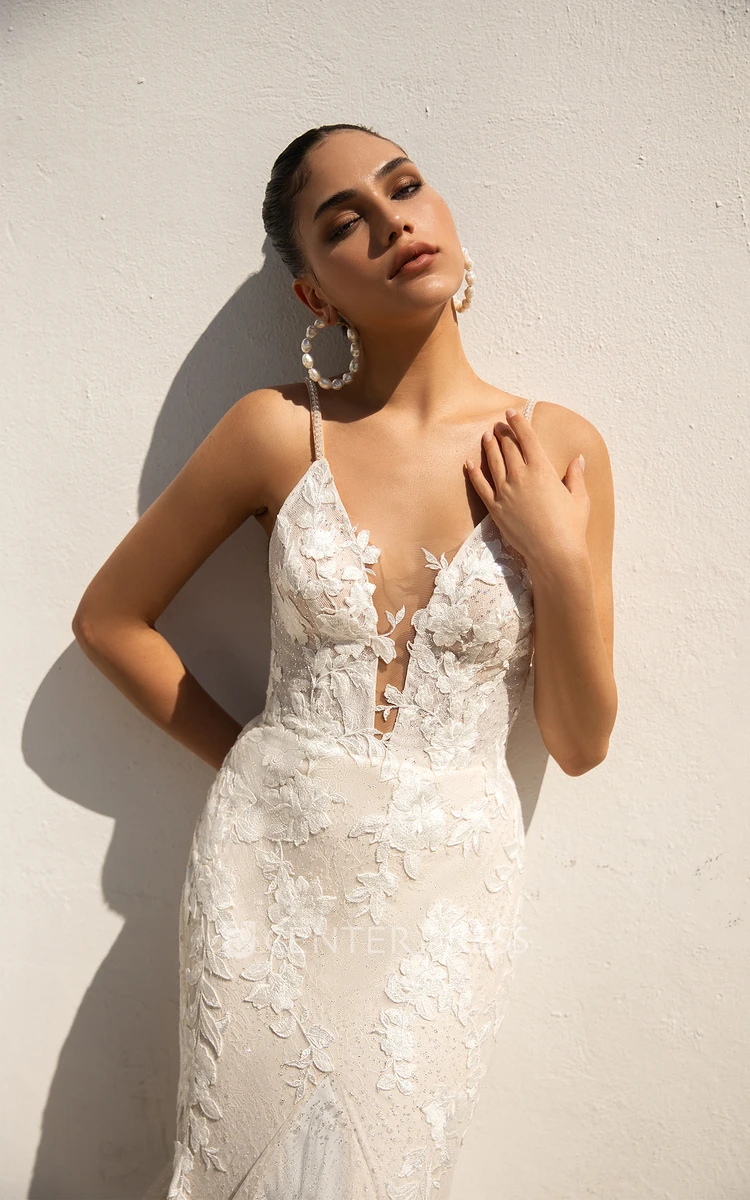 Mermaid Plunging Neckline Ethereal Lace Fairy Wedding Dress with Chapel Train Backless