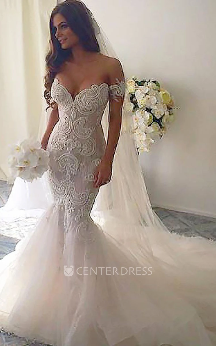 Mermaid Trumpet V-neck Lace Tulle Deep-V Back Wedding Dress