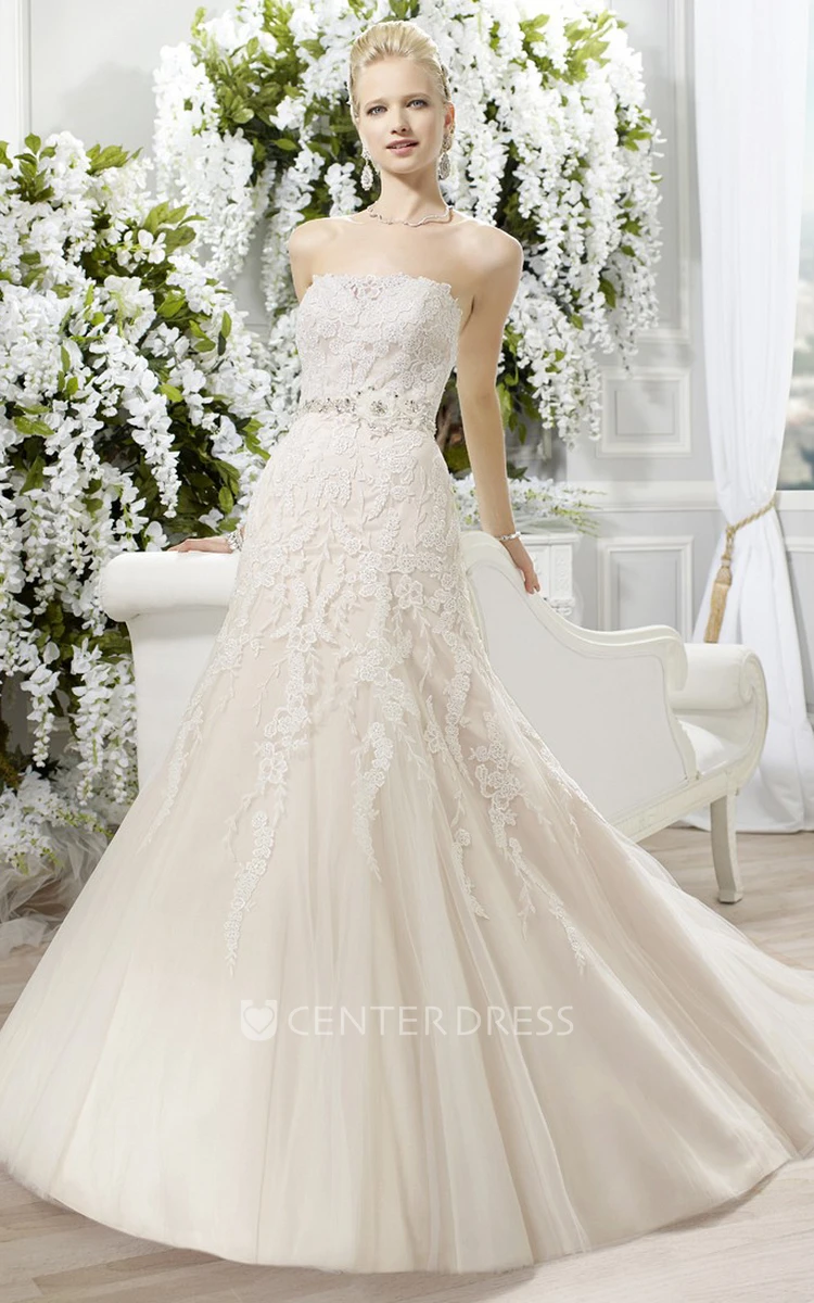 A-Line Jeweled Strapless Lace&Tulle Wedding Dress