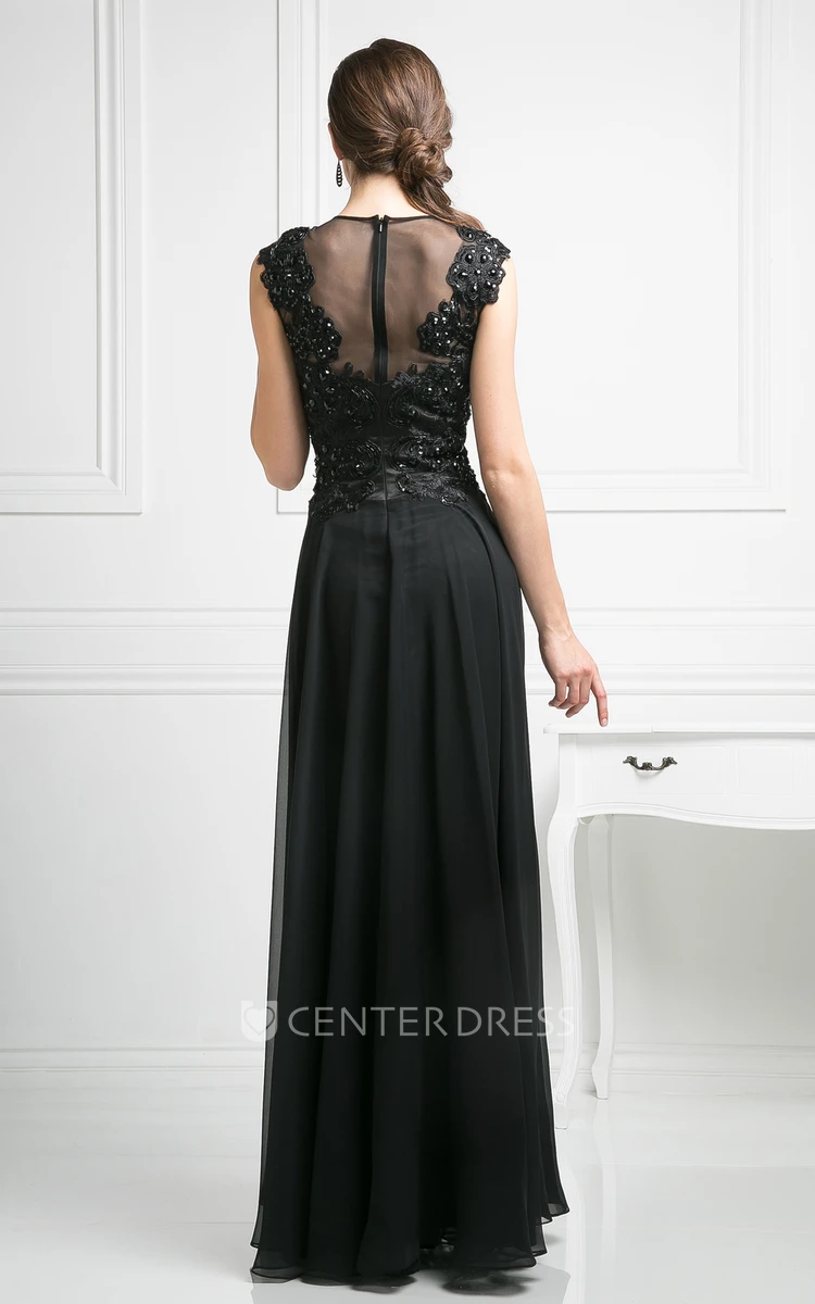 A-Line Scoop-Neck Sleeveless Chiffon Illusion Dress With Appliques