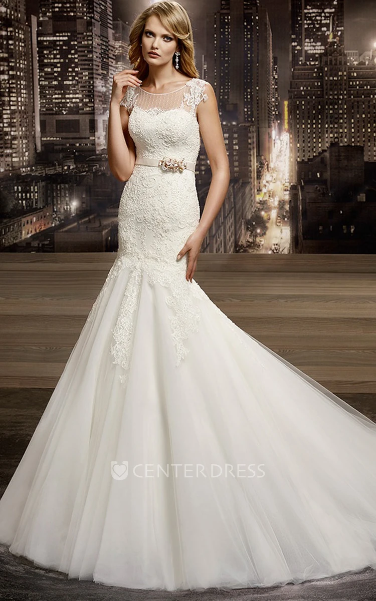 Cap sleeve Mermaid Lace Wedding Dress with Illusive Neckline and Jewel Neck