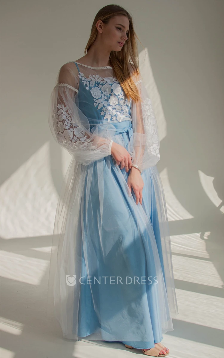 A Line Elegant Square Neck Tulle Prom Dress with Sash