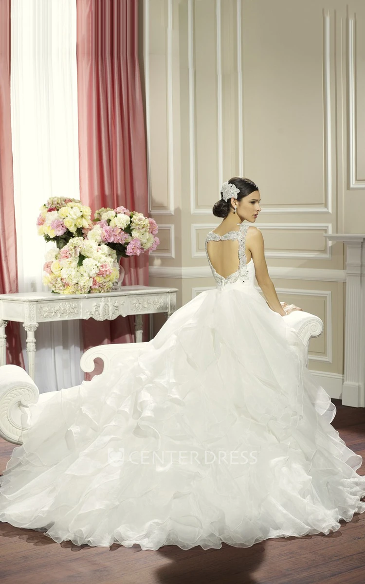 Ball-Gown Sleeveless Maxi Ruffled Organza Wedding Dress With Beading And Ruching