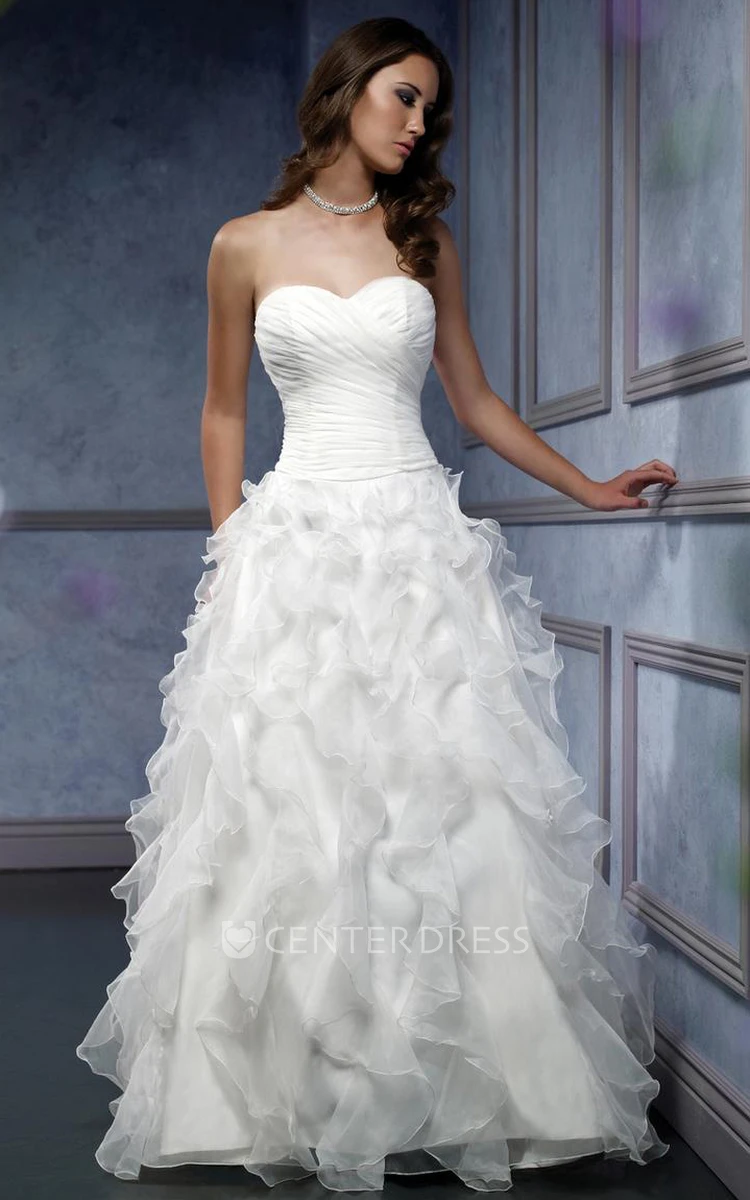 A-Line Ruffled Sweetheart Organza Wedding Dress With Criss Cross And Lace Up