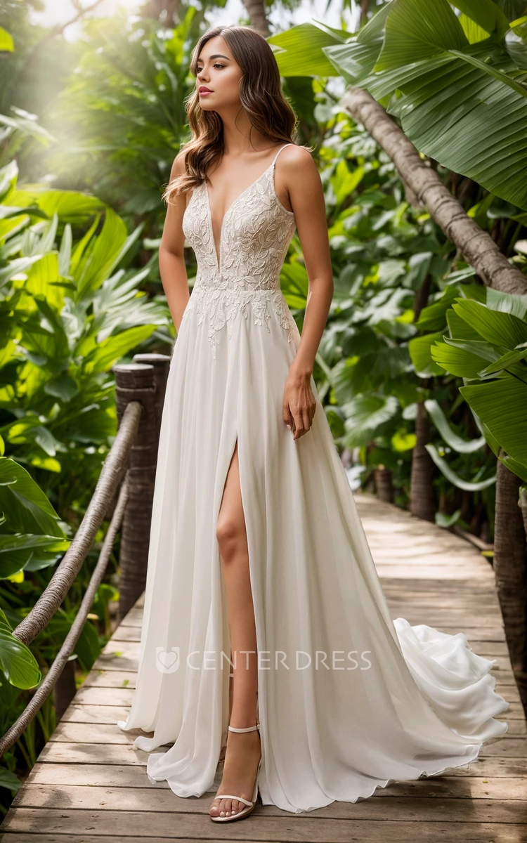 Ethereal Sexy A-Line Plunging Neckline Spaghetti Floor-length Chiffon Lace Wedding Gown Elegant Garden Lace Appliques Split Front Sleeveless Backless Bridal Dress with Button
