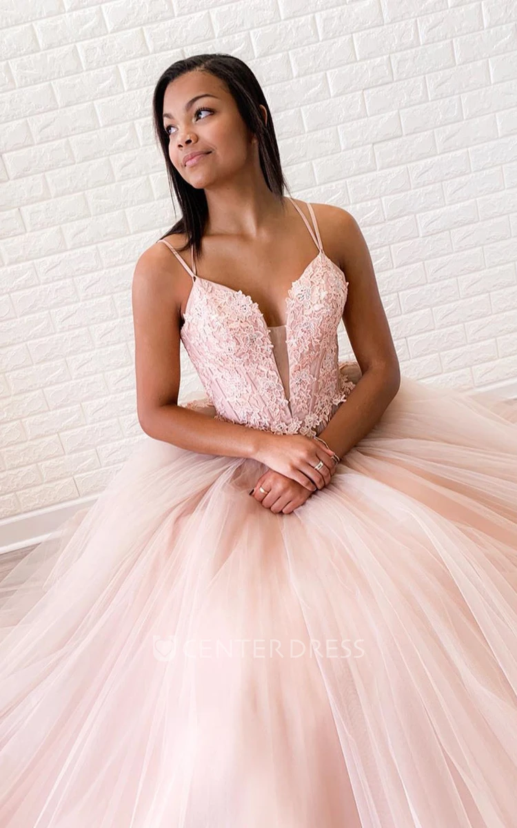 A Line Sleeveless Tulle Simple Lace-up Back Formal Dress with Appliques