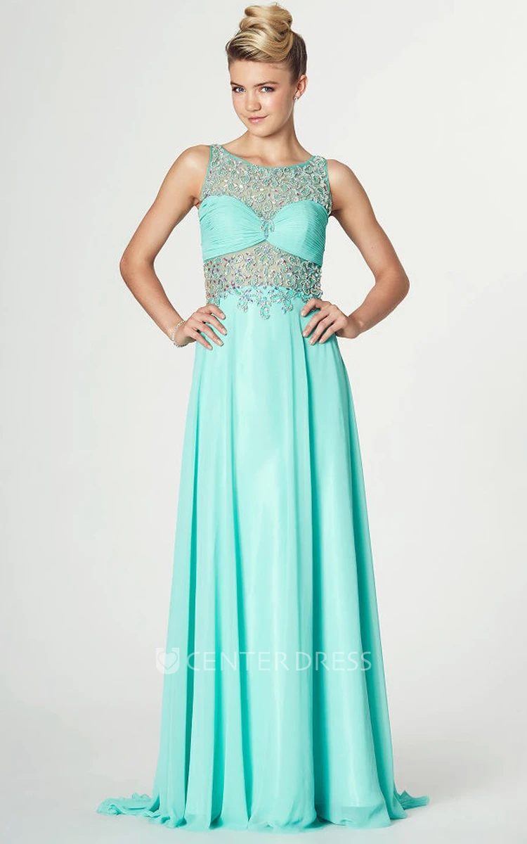 Floor-Length Sleeveless Ruched Scoop Neck Chiffon Prom Dress With Beading