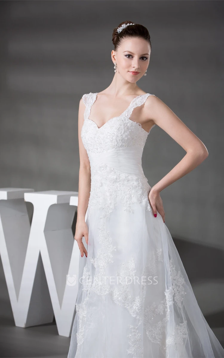 Strapped Sleeveless Lace A-Line Wedding Gown with Ruching and Beading