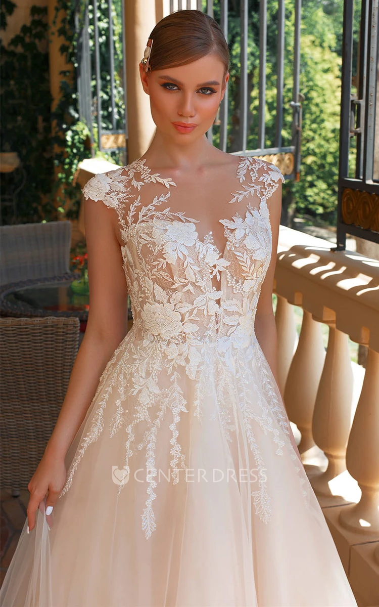Sexy A Line Bateau Neck Sweep Train Tulle Wedding Dress with Appliques