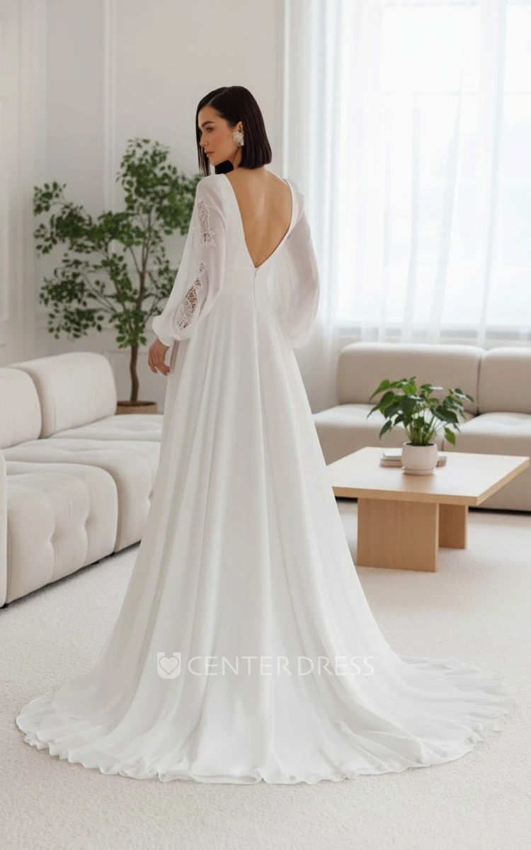 A-Line Long Puffy Sleeves Flower Lace Wedding Dress Modern Flowy Chiffon Plunge Deep V Back Bridal Gown