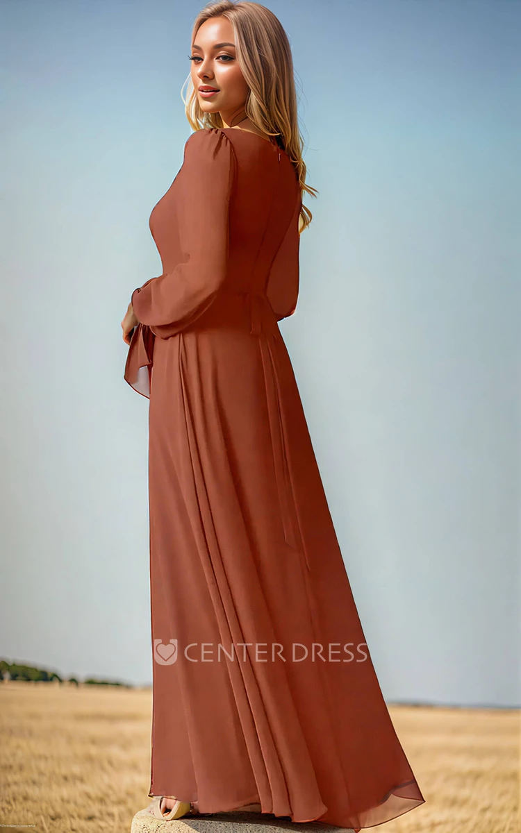 Simple Solid Puff Long Sleeve Chiffon Square Neck A-Line Bridesmaid Dress Vintage Elegant Floor-length Zipper Back Sash Split Bridesmaid Gown