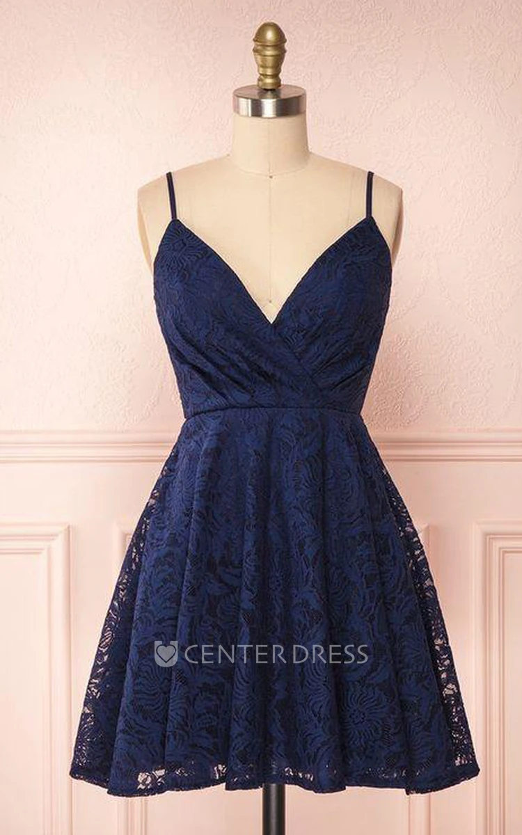 Simple Lace A Line Spaghetti Homecoming Dress With Open Back