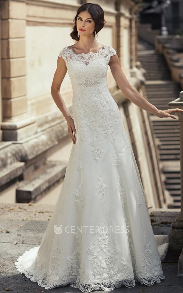 Sheath Cap-Sleeve Long Appliqued Bateau-Neck Lace Wedding Dress With Waist Jewellery