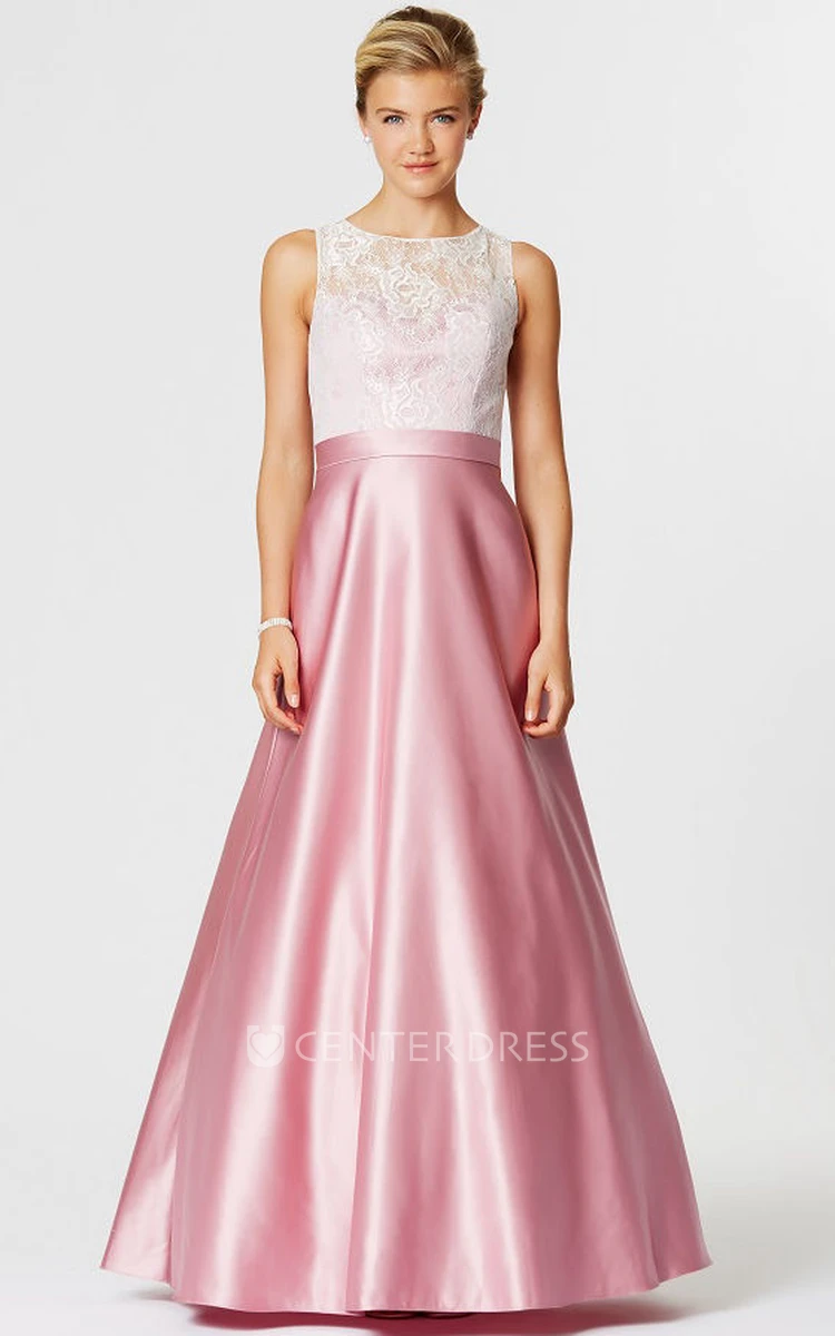 A-Line Lace Sleeveless Scoop Neck Satin Bridesmaid Dress With Illusion Back