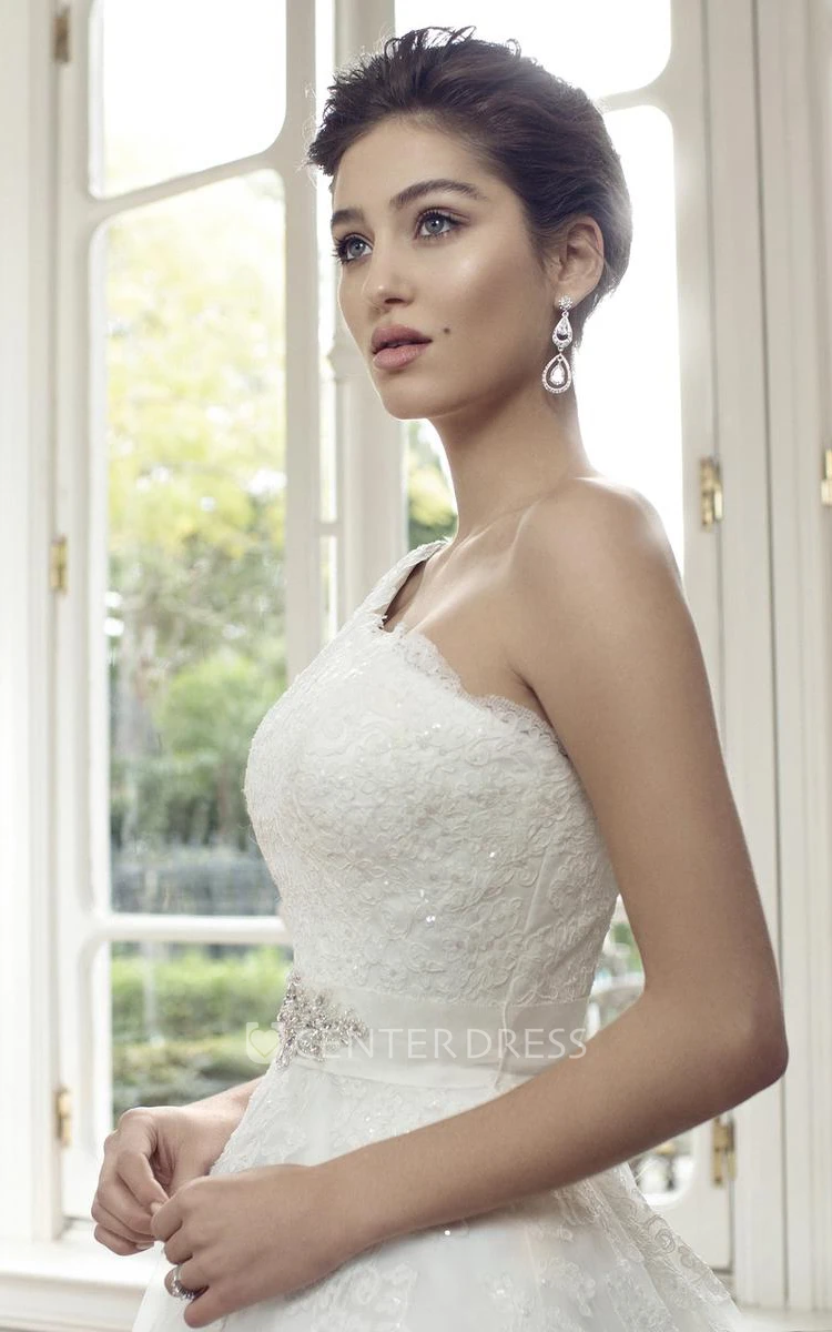 Ball Gown One-Shoulder Sleeveless Jeweled Floor-Length Tulle Wedding Dress With Appliques And Corset Back