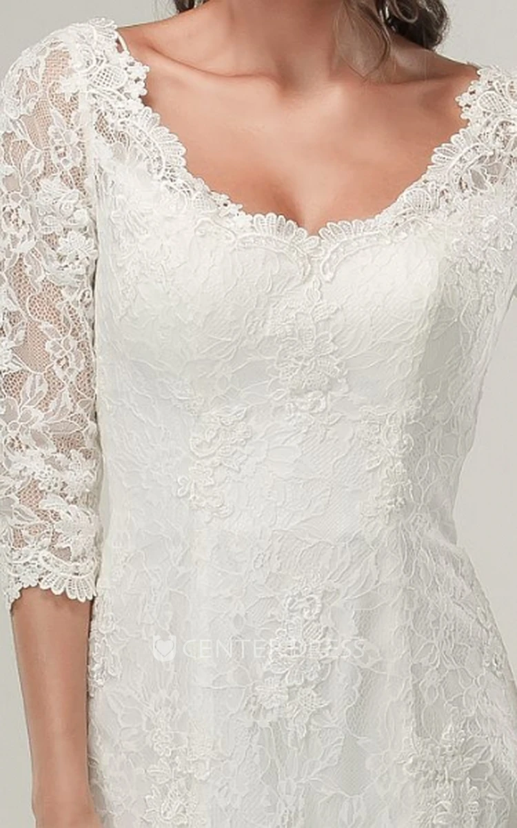 V-Neck Floor-Length Half Sleeve Lace Wedding Dress With Brush Train And Lace Up