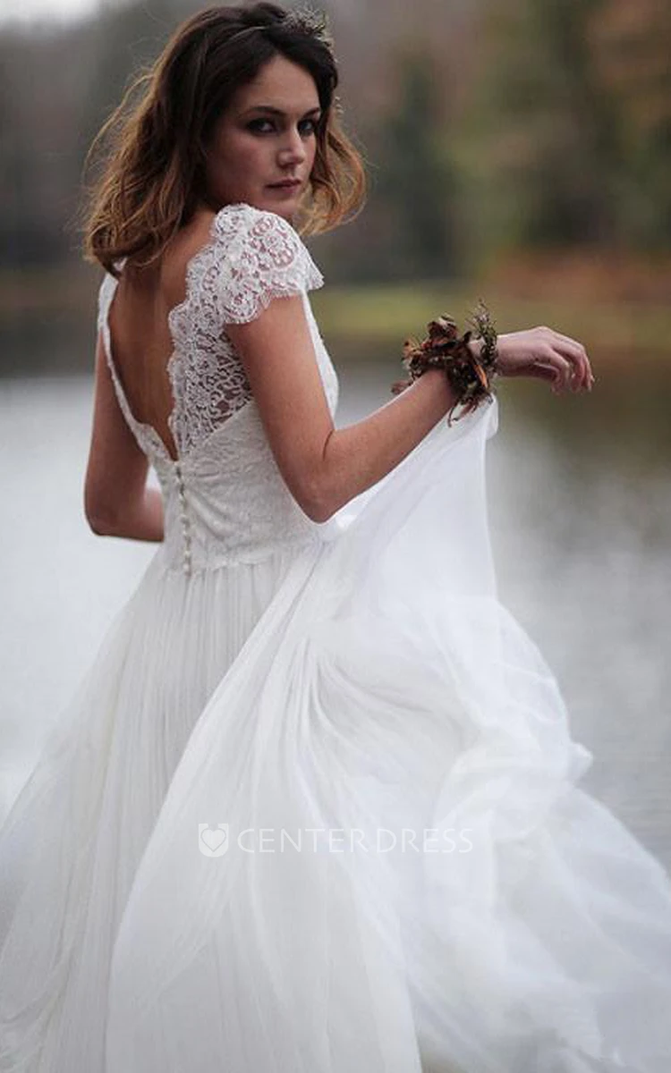 Ethereal Sheath Chiffon and Lace Cap Sleeve Bridal Gown