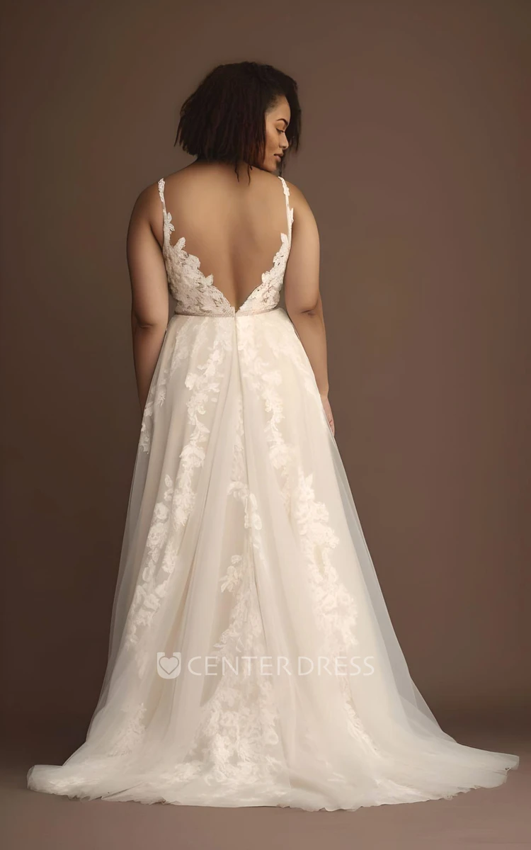 Plus Size A-Line Wedding Dress Lace Tulle Sleeveless Appliques 2024 Spaghetti Bohemian Romantic Sexy