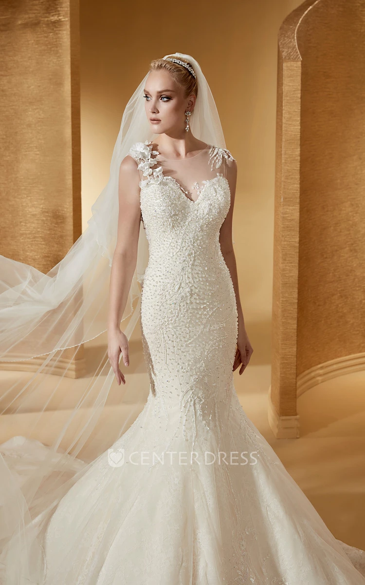 Cap Sleeve Mermaid Lace Long Wedding Dress With Illusive Appliques Neckline And Court Train