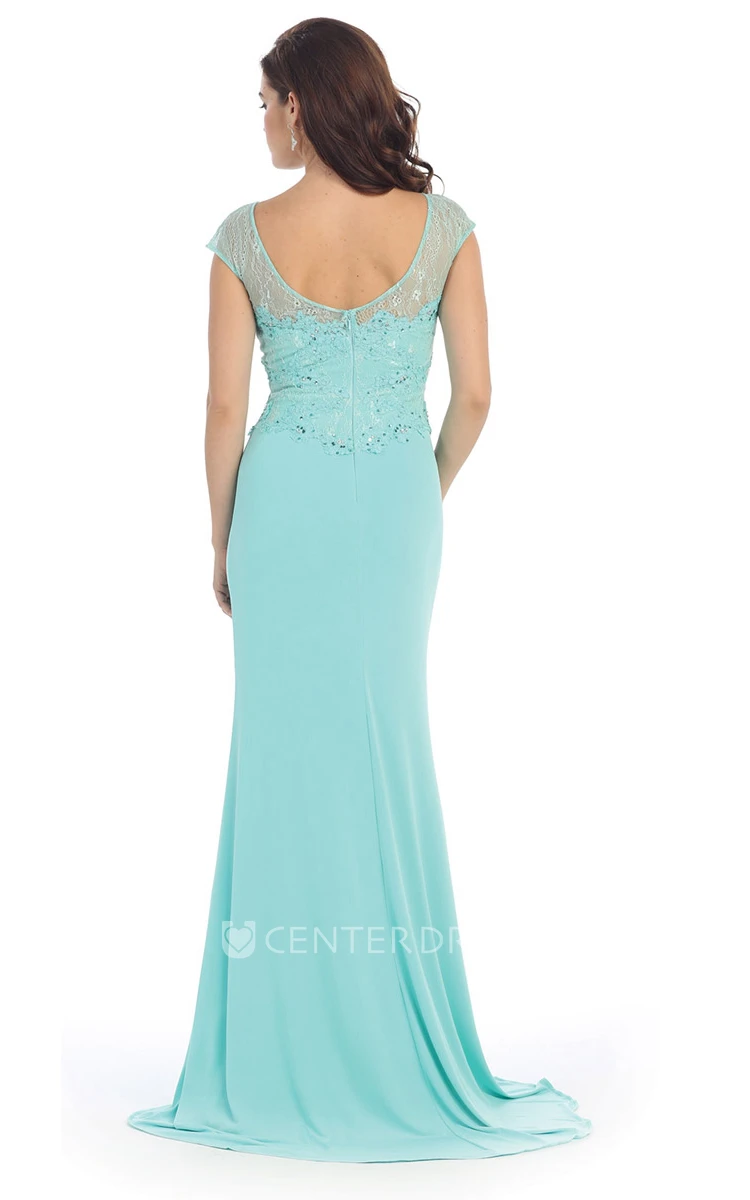 Sheath Scoop-Neck Short Sleeve Jersey Low-V Back Dress With Lace And Appliques