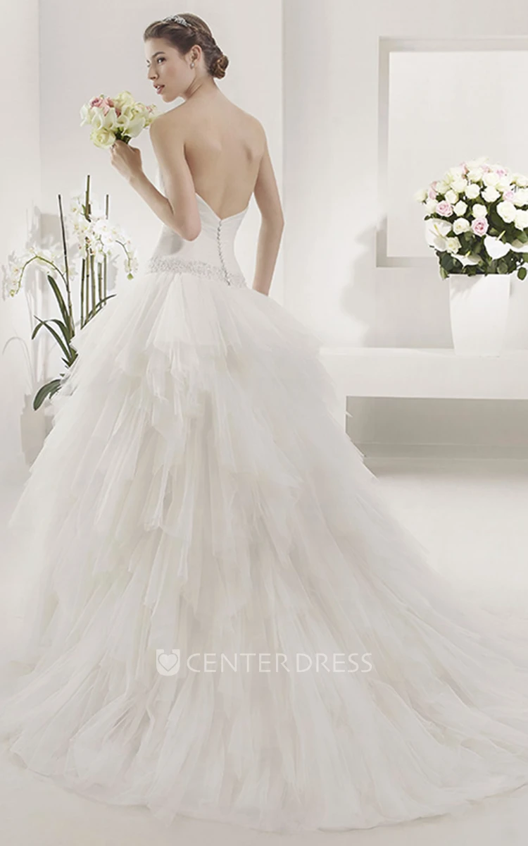 Criss-Cross Sweetheart Appliqued Drop Waist Layered Tulle Bridal Gown