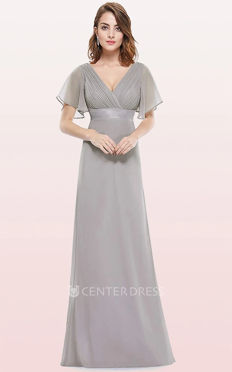 Romantic A Line Chiffon V-neck Short Sleeve Prom Evening Dress With Ruffles