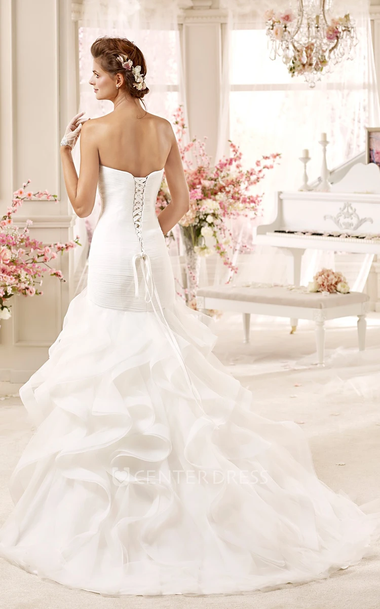 Sweetheart Sheath Pleated Wedding Dress with Cascading Ruffles and Lace-up Back