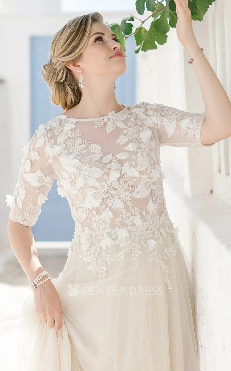 A-Line Tulle Bateau Half Sleeve Wedding Dress Modest Bohemian Floor-Length Dress