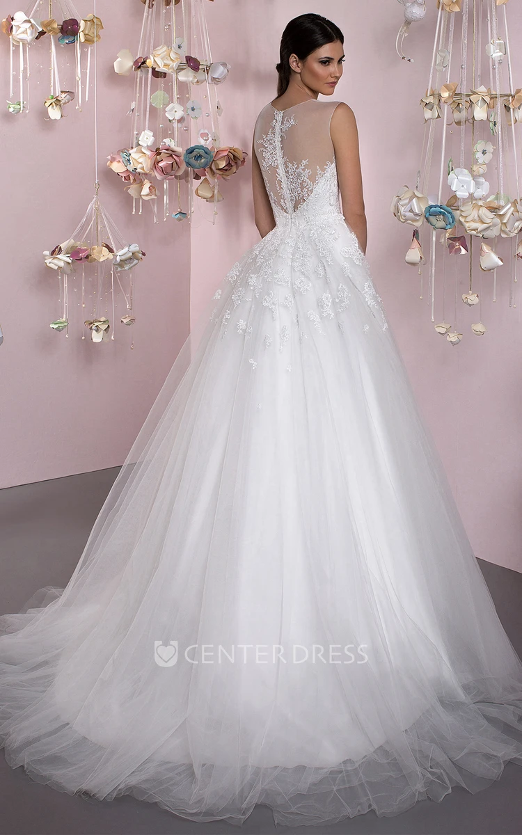 Long Jewel Appliqued Tulle Wedding Dress With Court Train And Illusion