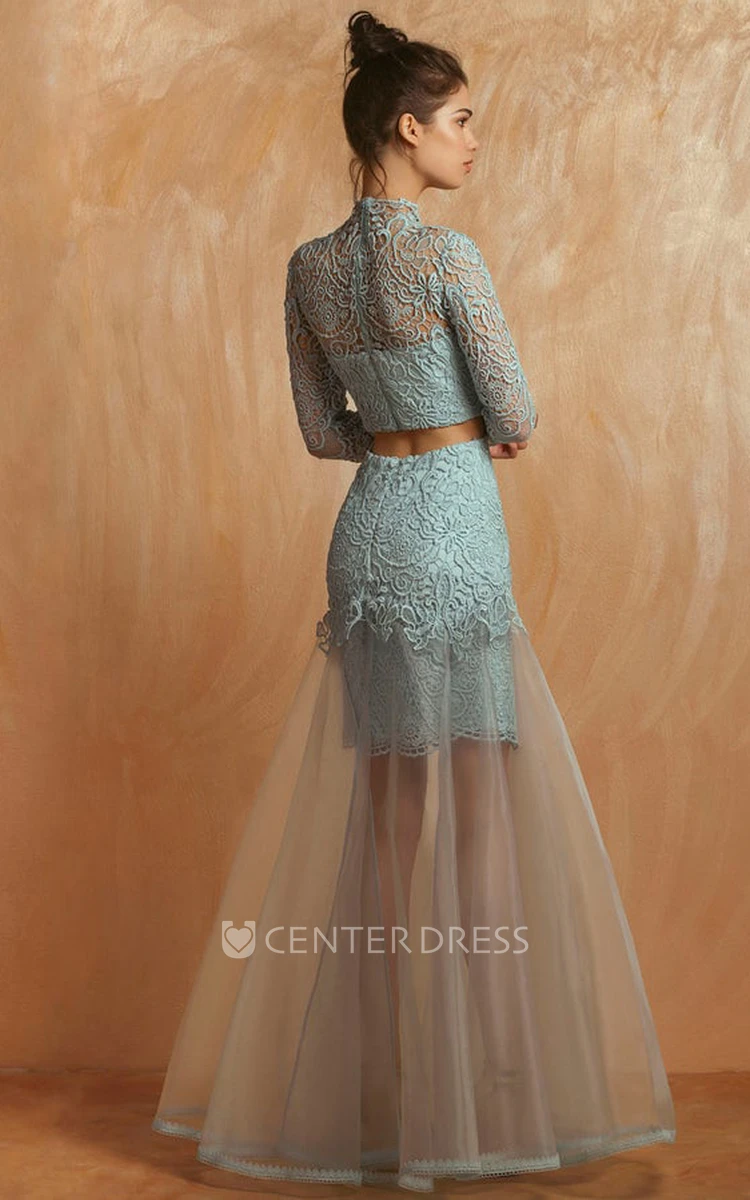 Romantic Trumpet Tulle High Neck Floor-length Long Sleeve Formal Dress With Appliques