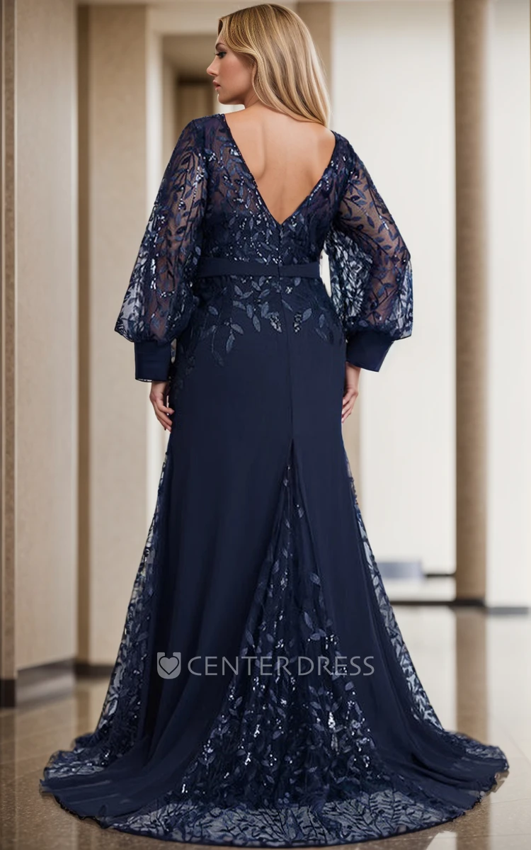 Modern Elegant Sheer Long Sleeve Mermaid Boho Lace Mother of the Bride Dress Formal Glamorous Chiffon Sequins Appliques Evening Wedding Guest Dress