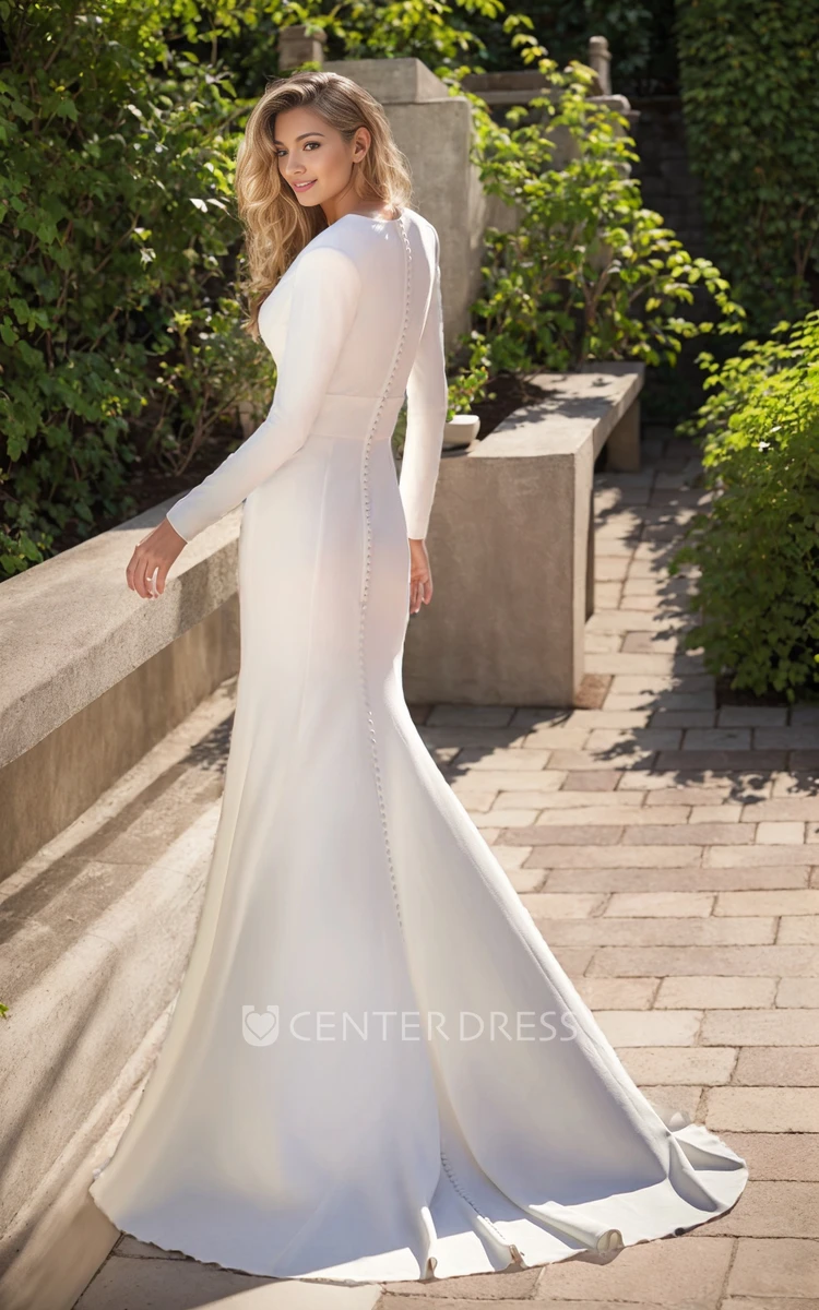 Sexy Modern Mermaid Long Sleeve Wedding Dress Simple Formal Courthouse V-Neck Closed Button Back Bridal Gown with Court Train